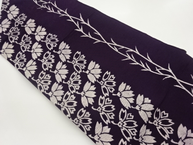 手織り紬草木染花に鳥模様名古屋帯